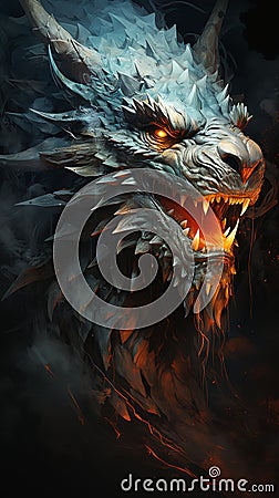 Closeup of a dragon's fire mouth and a dire wolf's portrait on t Stock Photo