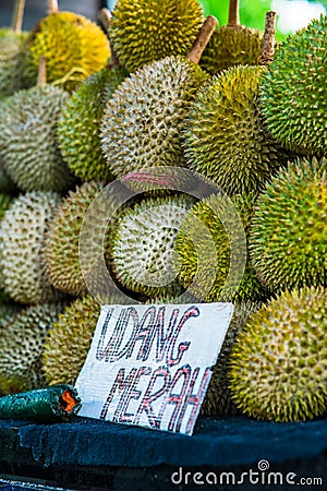 Closeup durian udang merah at a Fruit Stall in Malaysia Stock Photo