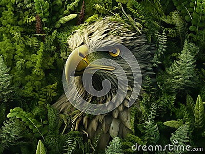 Closeup of a eagle surrounded by green plants. Eagle in the jungle. Cartoon Illustration
