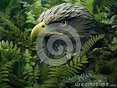 Closeup of a eagle surrounded by green plants. Eagle in the jungle. Cartoon Illustration