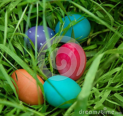 Closeup on Easter eggs in the grass Stock Photo