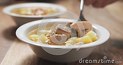 Closeup eating fish soup with salmon Stock Photo