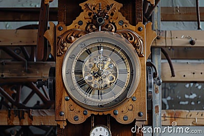 Closeup of an elaborate vintage wooden clock mechanism with ornate carvings Stock Photo