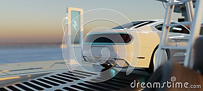 Closeup Electric car at futuristic charging station.3D rendering Stock Photo