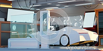 Closeup Electric car at futuristic charging station.3D rendering Stock Photo