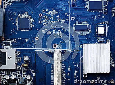 Closeup of electronics computer components microprocessors mainboard Stock Photo