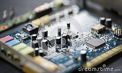 Closeup of electronics computer components microprocessors mainboard Stock Photo