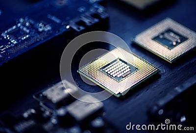 Closeup of electronics computer components microprocessors mainboard Stock Photo