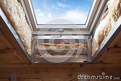 Closeup of element in plastic mansard or skylight window on a asphalt shingle roof. Stock Photo