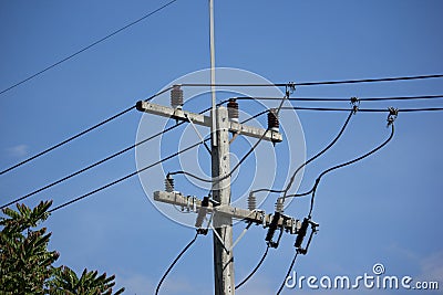 Closeup Eletricity line in blue sky background Stock Photo