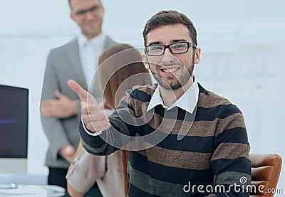 Closeup.employee showing thumb up Stock Photo