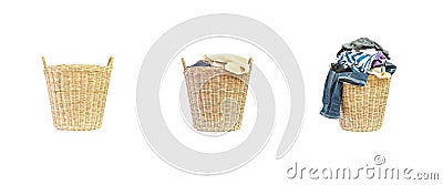 Closeup empty wood weave basket for used clothes and wood weave basket with pile of clothes in house isolated on white background Stock Photo