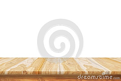 Closeup Empty wooden tabletop or shelf isolated on white background Stock Photo