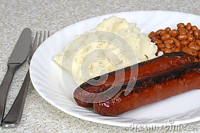 Closeup english bangers and mashed potatoes Stock Photo