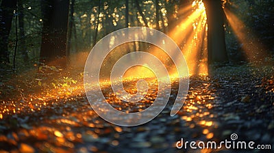 Closeup of evening rays filtering through tree branches casting intricate shadow patterns on the ground Stock Photo