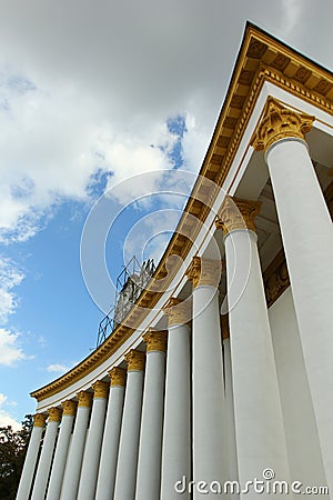 Closeup of exhibition hall in Kyiv, soviet building with many columns, example of Stalinist architecture or Stalinist Empire Stock Photo