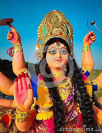 Closeup of face of Goddess Durga, Navratri, Hindu festival. Stock Photo