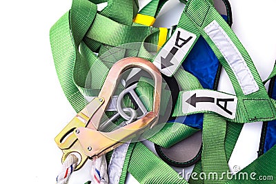 Closeup fall protection harness and lanyard for work at heights Stock Photo