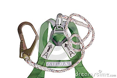 Closeup fall protection Hook harness and lanyard for work at heights Stock Photo