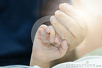 Closeup father and son hold hands with love. Stock Photo