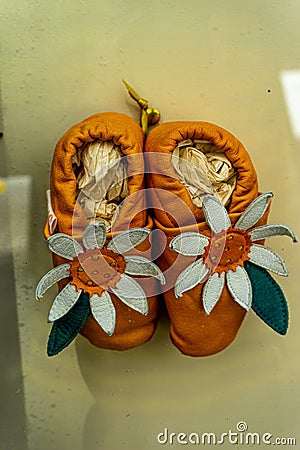 Closeup of felted slippers with flower decoration Stock Photo