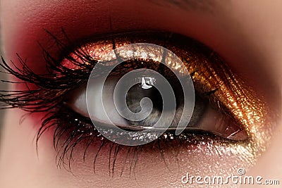 Closeup female eye with fashion bright make-up. Beautiful shiny gold, pink eyeshadow, wet glitter, black eyeliner Stock Photo