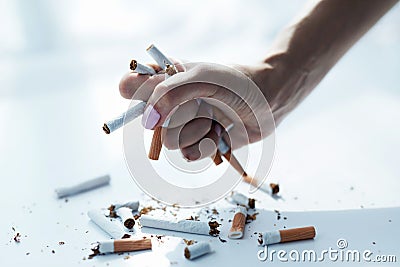 Closeup Of Female Hand Holding Cigarettes. Quit Smoking Stock Photo