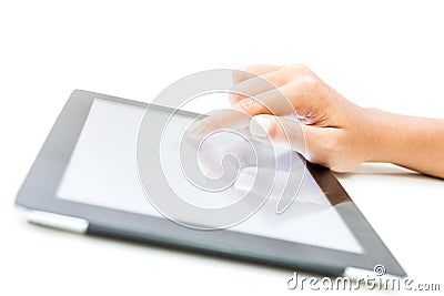 Closeup female hand touch on tablet screen on white Stock Photo