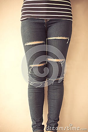 Closeup of female wearing jeans Stock Photo