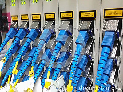 Closeup of fiber optical network cables patch panel Stock Photo