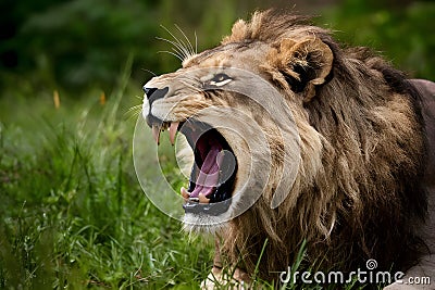 Closeup of fierce lion roaring, ready to pounce in aggression Stock Photo