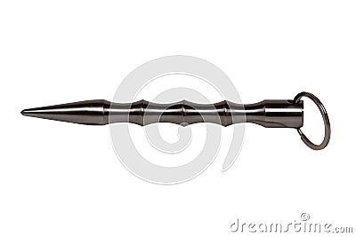 Closeup of a finely polished solid metal rod on a key ring isolated on a white background. Macro Stock Photo