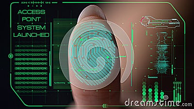 Closeup fingerprint futuristic scanner launching system successful verification Stock Photo