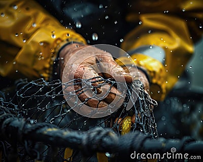 Closeup of fisherman hands carefully repairing a fishing net. A day in the hard life of professional fishermen Stock Photo