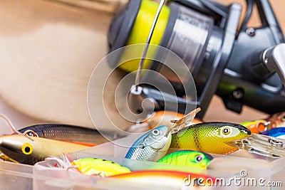 Closeup fishing baits wobblers in box Stock Photo