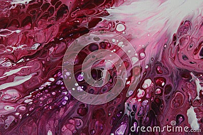 Closeup of a flowing abstract acrylic pour painting in shades of pink and white. Stock Photo