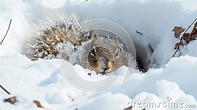 Closeup of a fluffy tail wrapped securely around an Arctic ground squirrel as it hunkers down in its snow burrow to stay Stock Photo