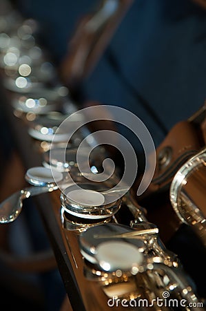 Closeup on Beautifully Polished Bass Flute Keys Stock Photo