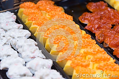 row of sushi menu in the tray Stock Photo