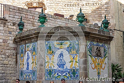 Closeup of the fontaine of saint Anna in Ciutat Vella Barcelona, Spain Editorial Stock Photo