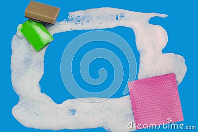 Closeup frame from foam on blue background with copy space. Stock Photo