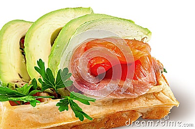 Closeup french waffle with avocado and salmon Stock Photo