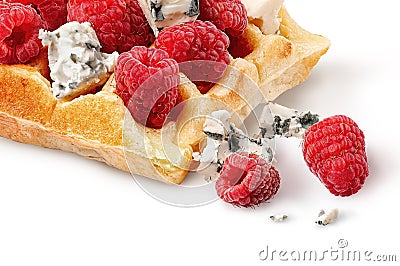 Closeup french waffles with raspberries and dorblu Stock Photo