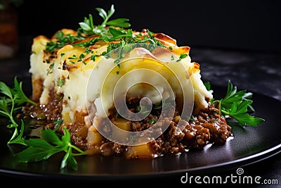 Closeup of fresh baked homemade cottage Shepherd's traditional pie with greens on black Stock Photo