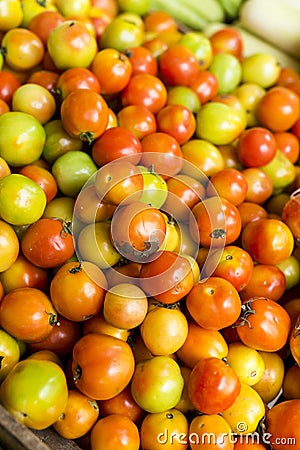 Closeup of fresh and partially ripe Philippine tomatoes for sale at a small market stall Stock Photo