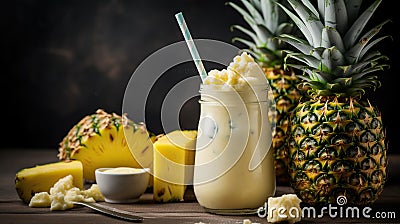 Closeup fresh pineapple milkshake smoothie and fresh pineapples, Generative AI Stock Photo