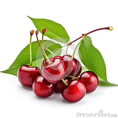 Closeup of fresh raw organic ripe cherries and green leaves with white background Generative AI Illustration Stock Photo