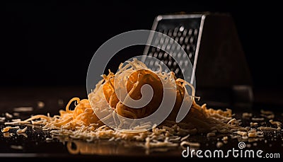 Closeup of freshly grated cheese with a metal grater beside it, AI-generated. Stock Photo