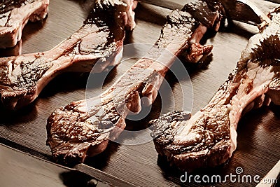 Closeup of fried juicy meat slices Stock Photo