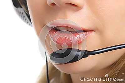 Closeup friendly customer support girl isolated Stock Photo